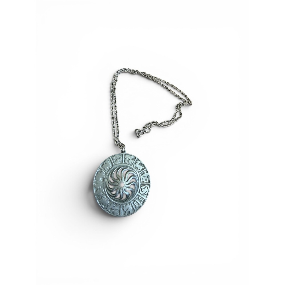 Vtg 70s Springmaid Pewter Zodiac Medallion Necklace Sunburst Astrologyβ Pendant
